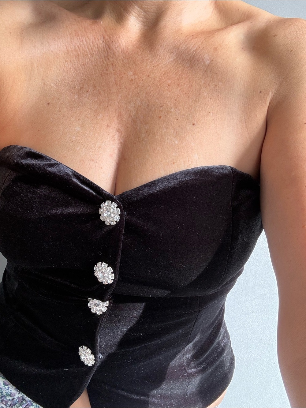 Strapless Black Velvet Bustier with metal Buttons